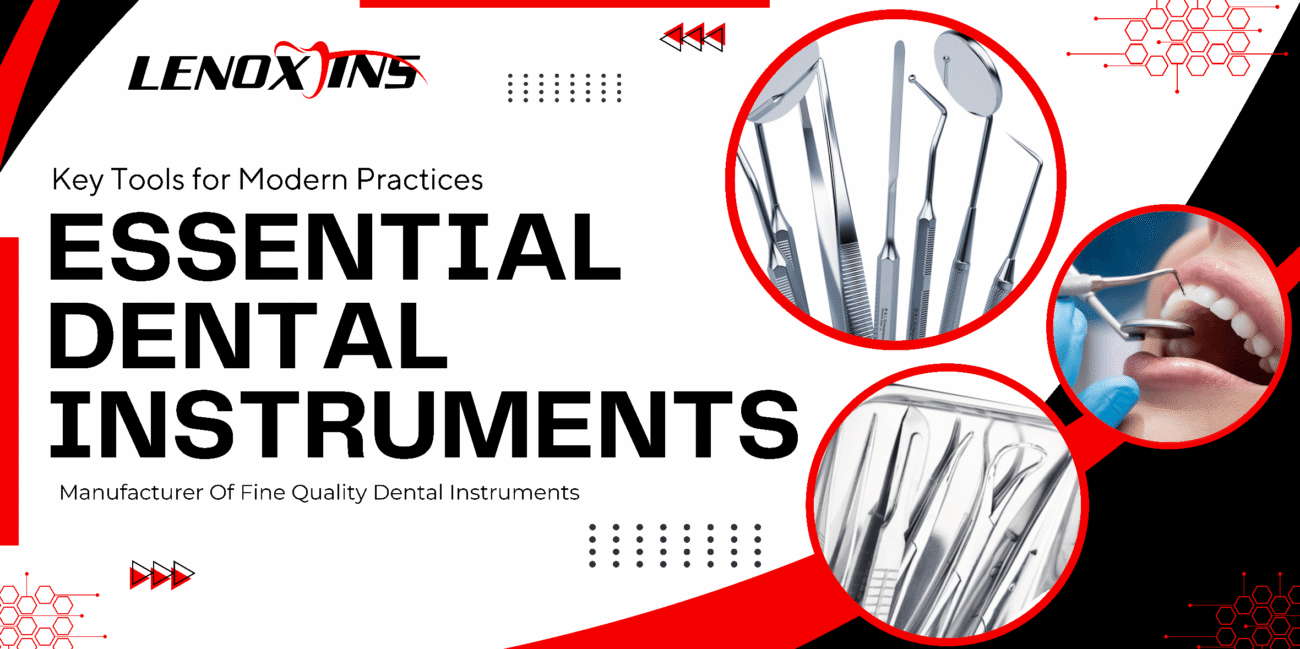 Essential dental instruments including mirrors, explorers, scalers, and forceps used in modern clinical practice